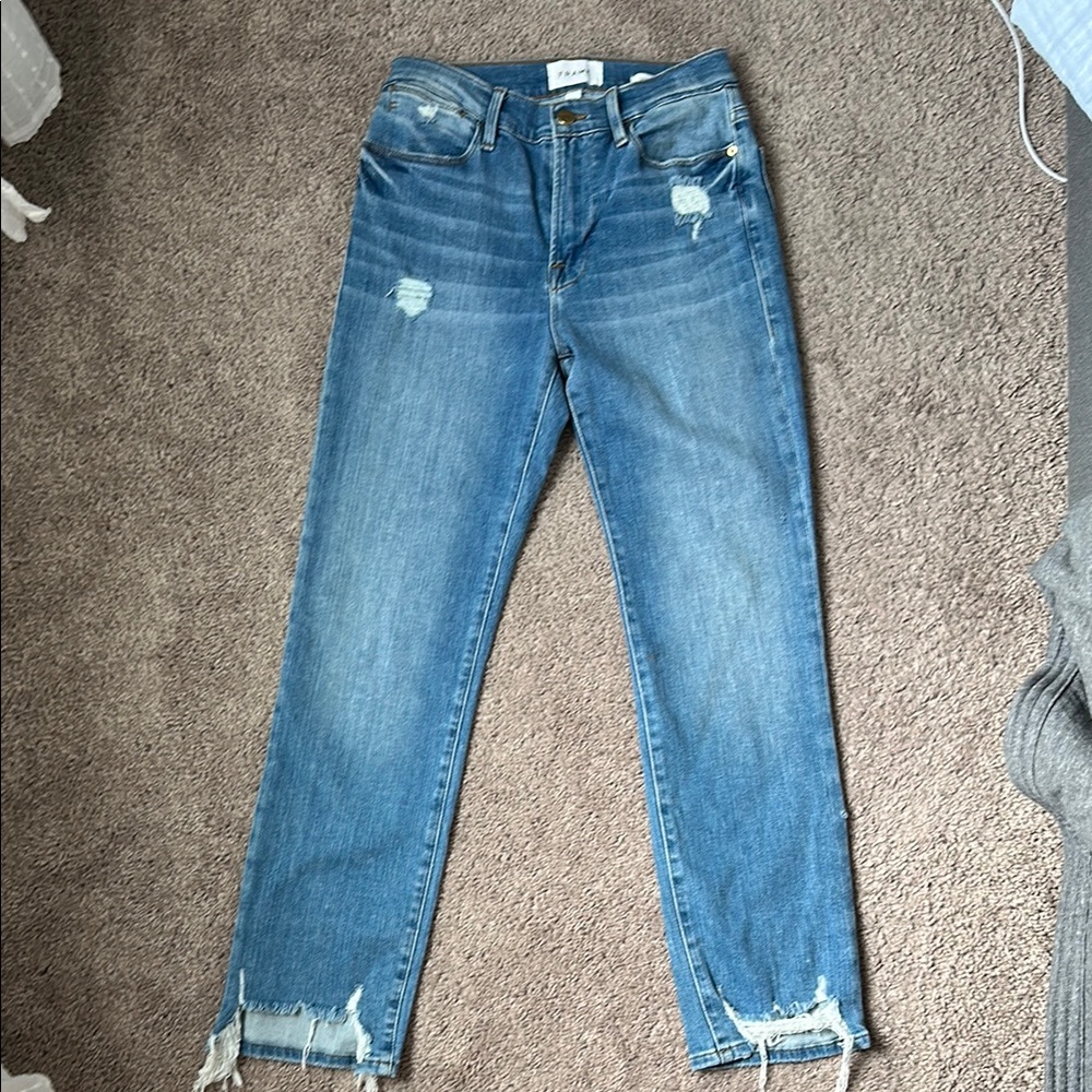 NEVER WORN. Frame Blue Straight Leg Distressed Jeans